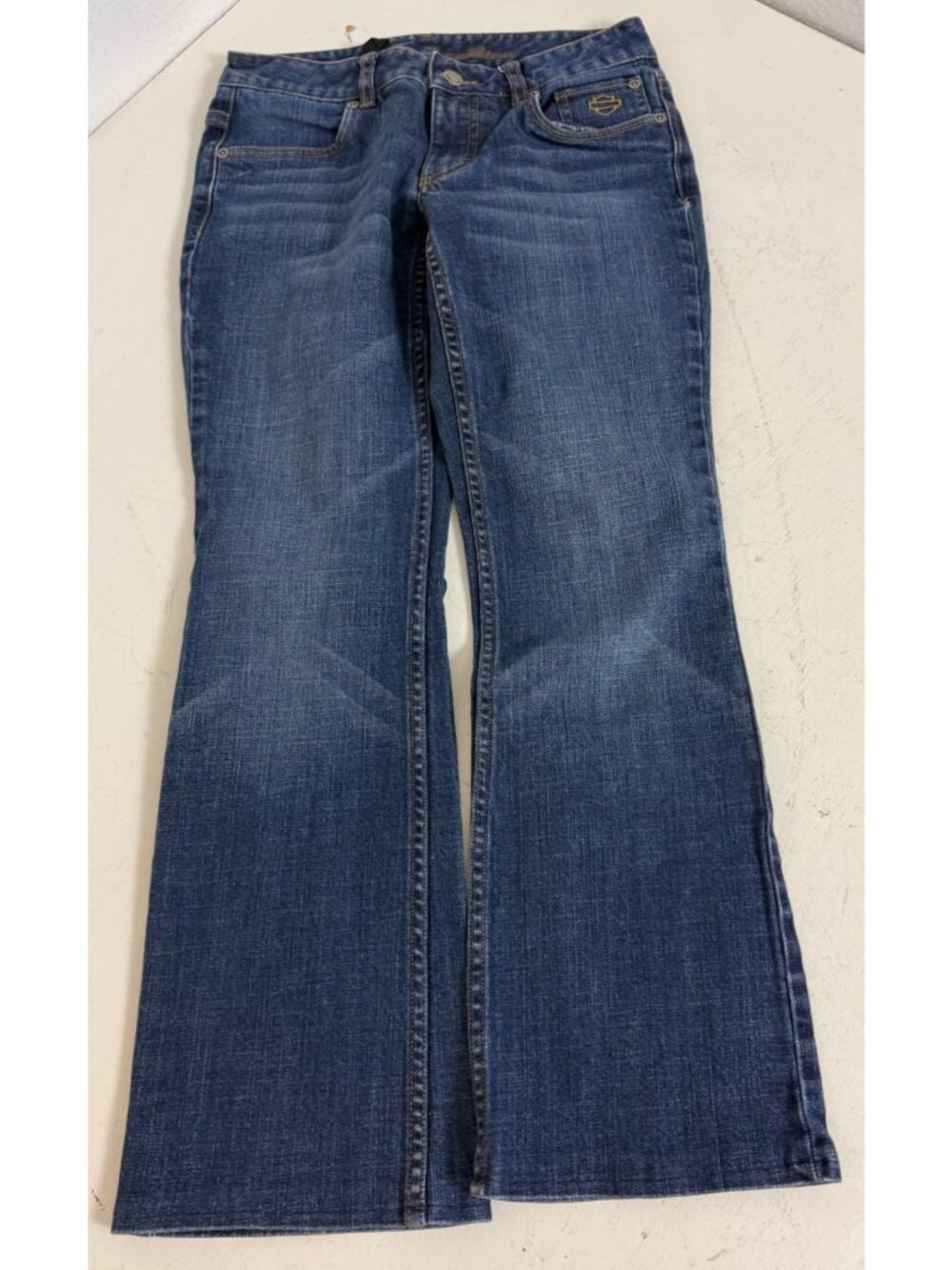 Harley Davidson Blue Denim Bootcut Stretch Jeans Womens Size Petite 2 - Picture 3 of 12